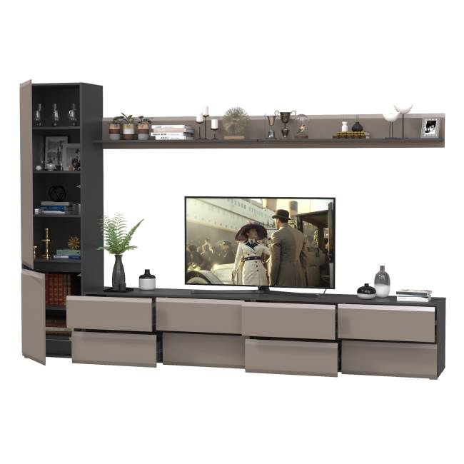 Две тумбы для телевизора с двумя верхними полочками и шкаф с дверками Сидней цвет антрацит/МДФ веллюто капучино