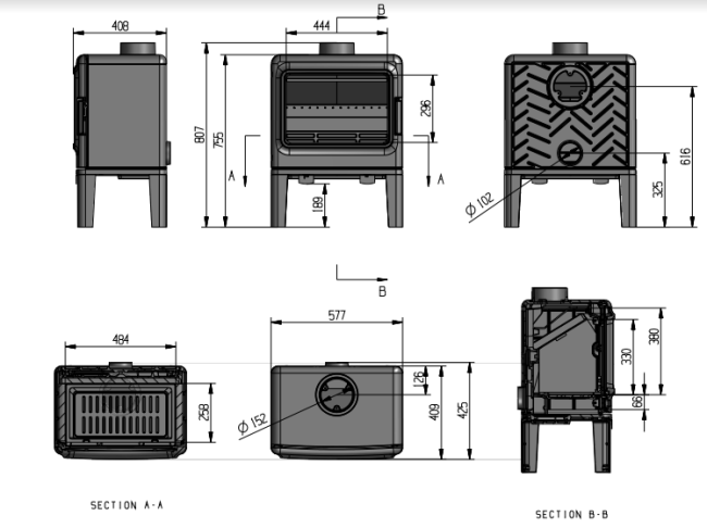 Печь-камин Leopard 9кВт, на ножках, дымоход d-150 мм