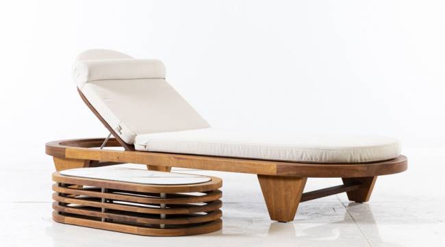 Шезлонг-лежак деревянный с матрасом Spain натуральный, голубой 2300х860x300 мм