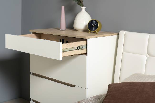 Комод Муссон с кроватью 1600 с подъёмным основанием цвет белый/дуб эндгрейн элегантный/кожзам белый