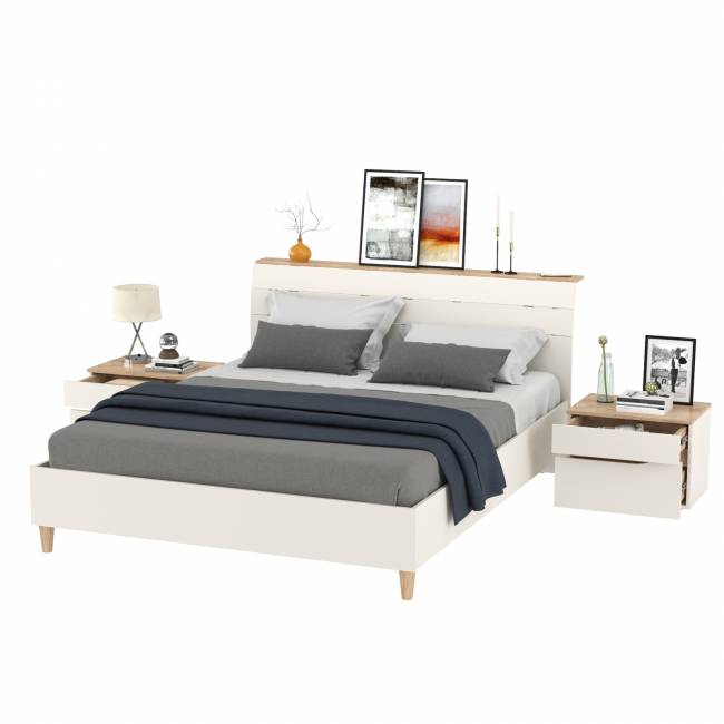 Две прикроватных тумбочки и кровать с основанием 1600 Муссон 11.41 цвет белый/дуб эндгрейн элегантный Две прикроватных тумбочки и кровать с основанием 1600 Муссон 11.41 цвет белый/дуб эндгрейн элегантный