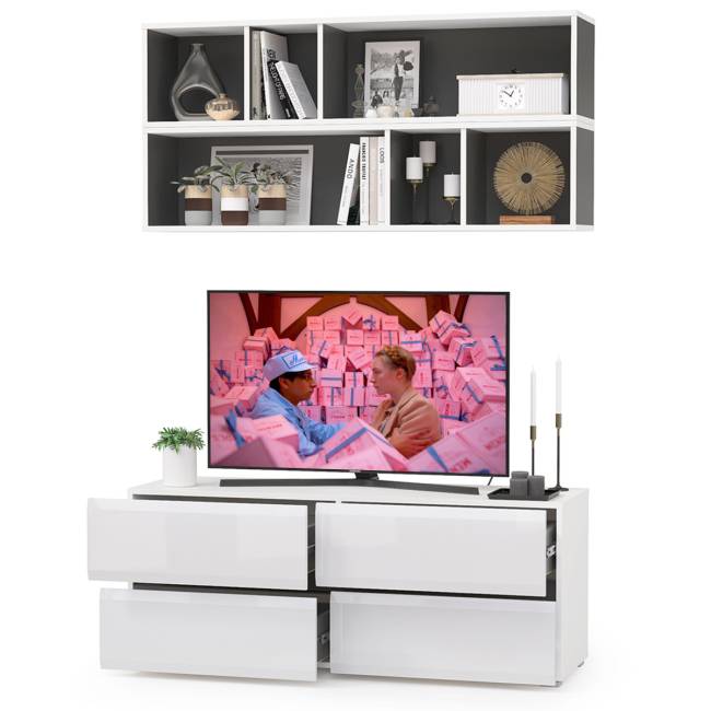 Тумба для ТВ с двумя полками Сидней цвет белый/чёрный/фасады МДФ белый глянец